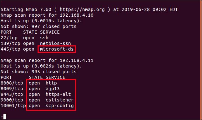 nmap output in a terminal window