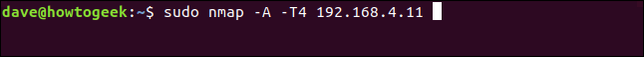 sudo nmap -A -T4 192.168.4.11 in a terminal window