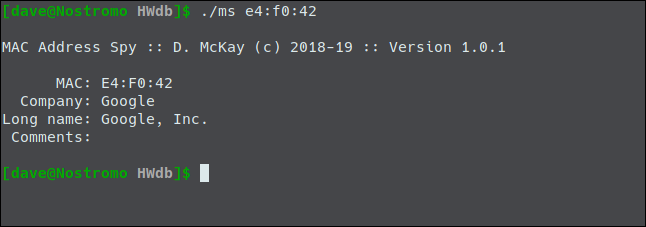 ms lookup for mac address of Google device in a terminal window