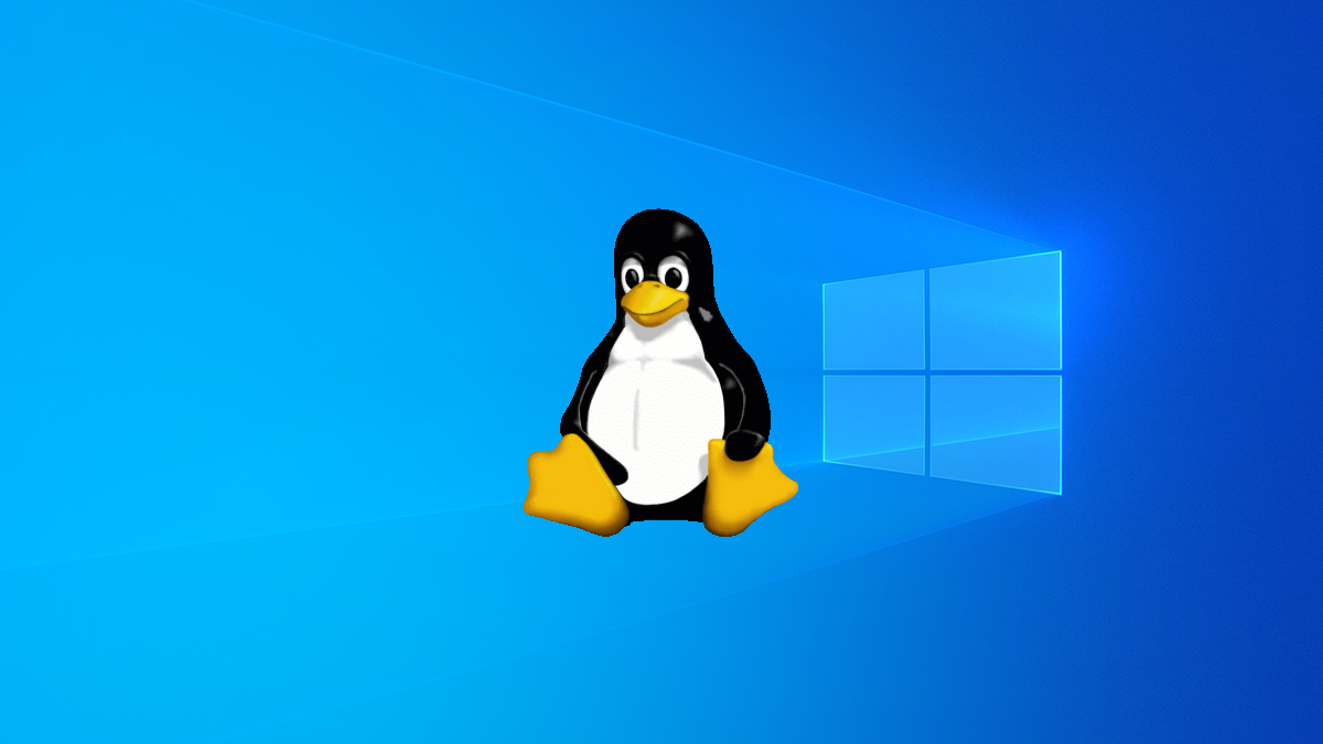 Tux on the Windows 10 default background.