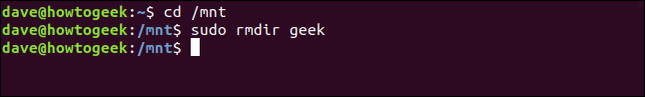 sudo rmdir geek in a terminal window