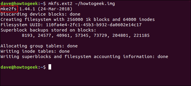 Output of the mkfs.ext2 command in a terminal window