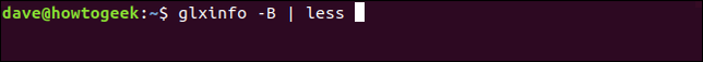 O comando glxinfo -B | less em uma janela de terminal.