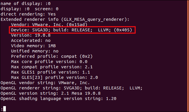 Saída de glxinfo -B | less em uma janela de terminal.
