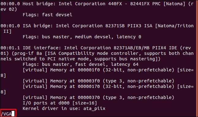 Saída de sudo lspci -v | less em less em uma janela de terminal.