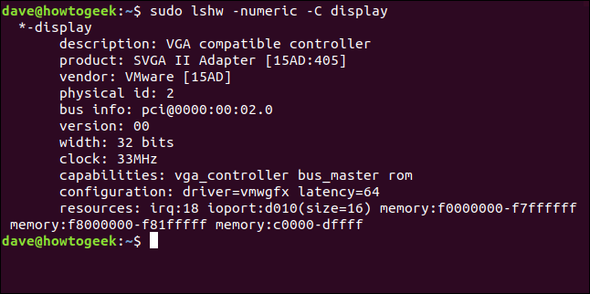 O comando sudo lshw -numeric -C é exibido em uma janela de terminal.