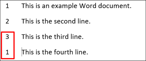 An example of line numbers in Word, with a new sequence of numbers starting after a section break