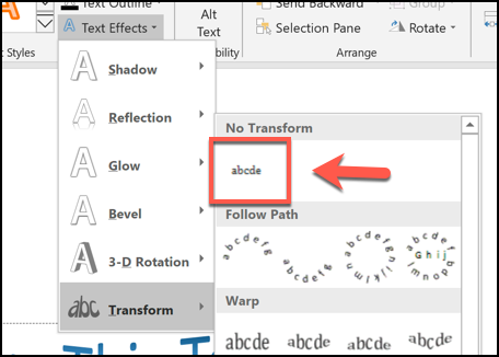You can remove a curved text effect by clicking Format > Text Effects > Transform and clicking the No Transform option