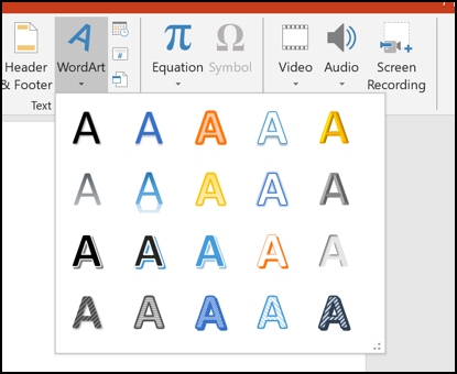 Various WordArt options in PowerPoint