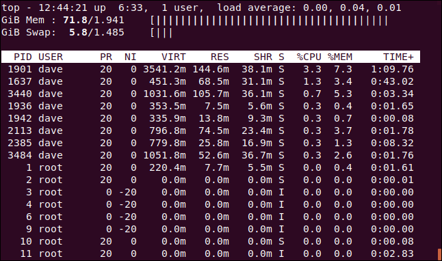 top showing ASCII graphs for the memory statistics, in a terminal window