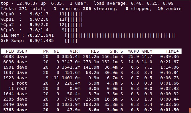 top with ASCII graphs for CPU and memory, in a terminal window