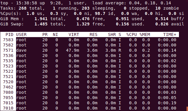 top with the process listed sorted by the PID column, in a terminal window