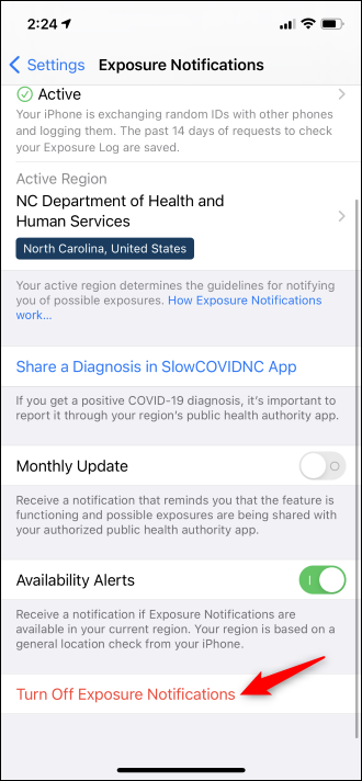 Tap "Turn Off Exposure Notifications."