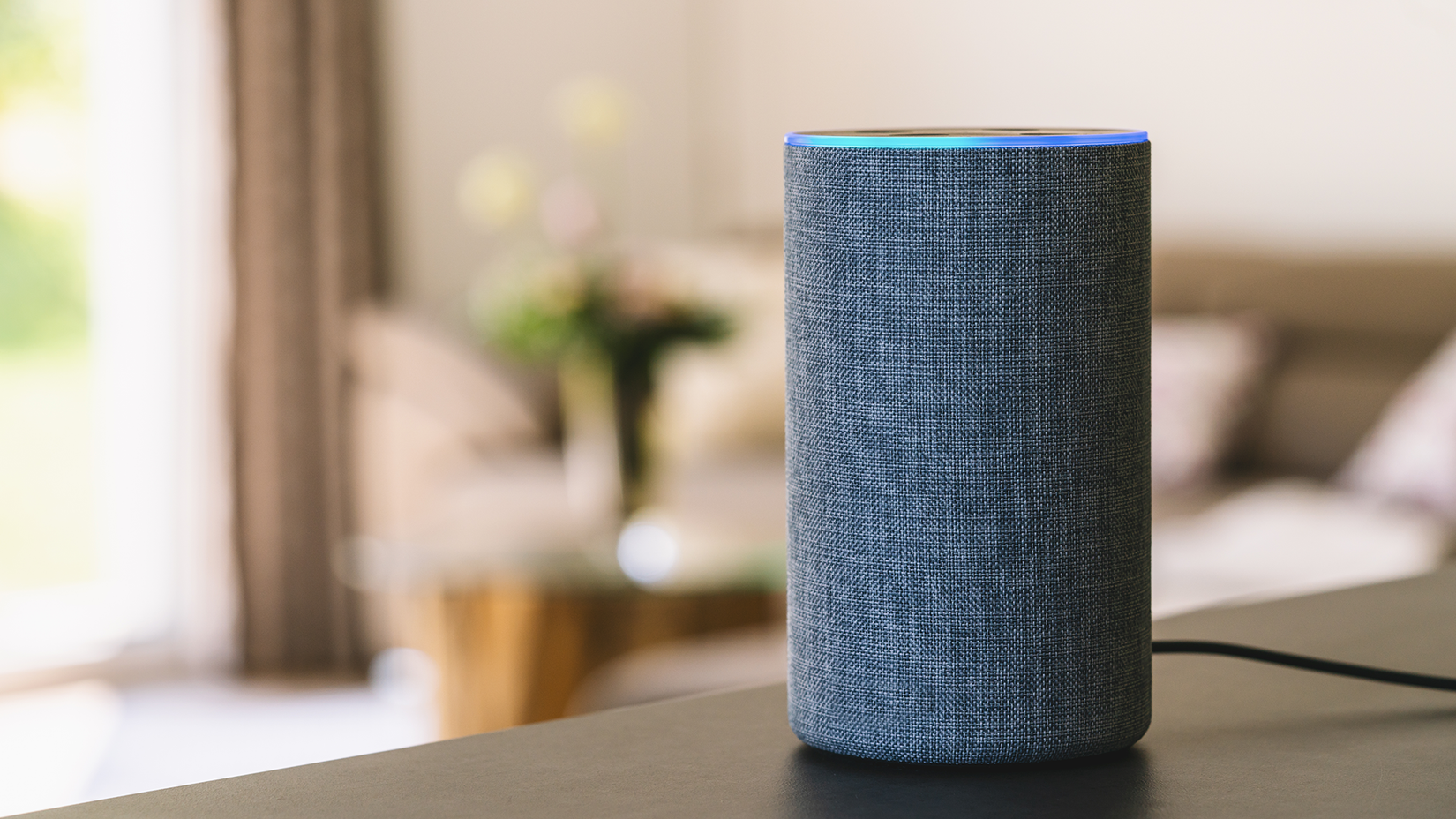 A photo of the Amazon Echo smart speaker on a table.