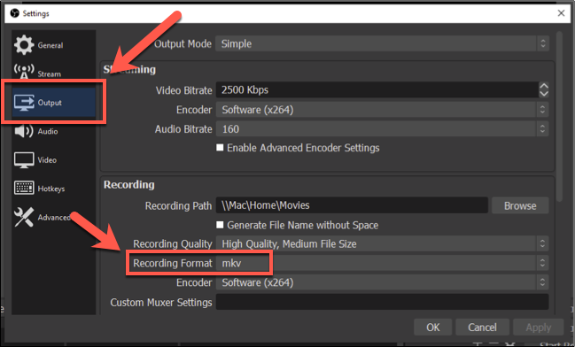 To change the OBS recording format, press Settings > Output and select another file format under the "Recording Format" section.