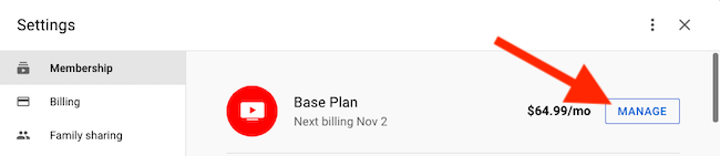 Click the "Manage" button next to the Base Plan listing