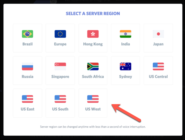 The "Select a Server Region" menu.