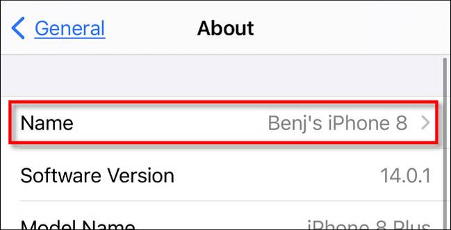 In "About," tap "Name."