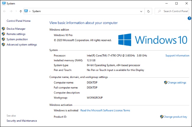 How to Open the Classic "System" Control Panel on Windows 10