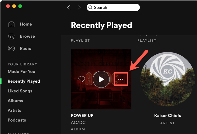 Hover over an icon in the &quot;Recently Played&quot; list, then press the three-dots menu icon.