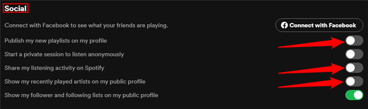 The &quot;Social&quot; section of the Spotify settings with most of the options disabled. 