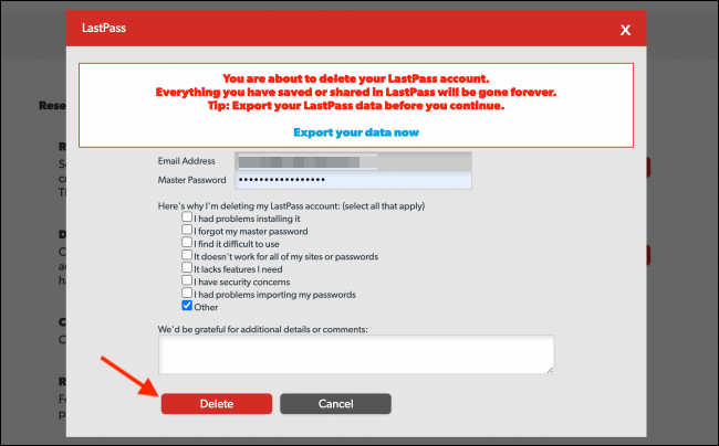 Enter Master Password and Click Delete