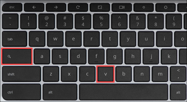 A Chromebook keyboard with the Search and V icons highlighted to show how to access clipboard history.