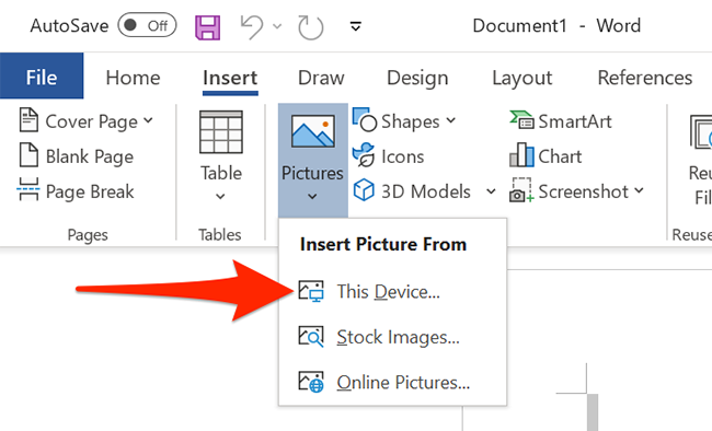Click Pictures > This Device in Word.