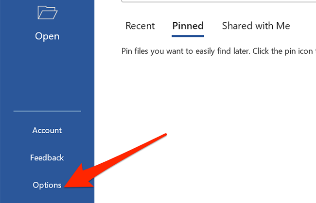 Select "Options" in Word.