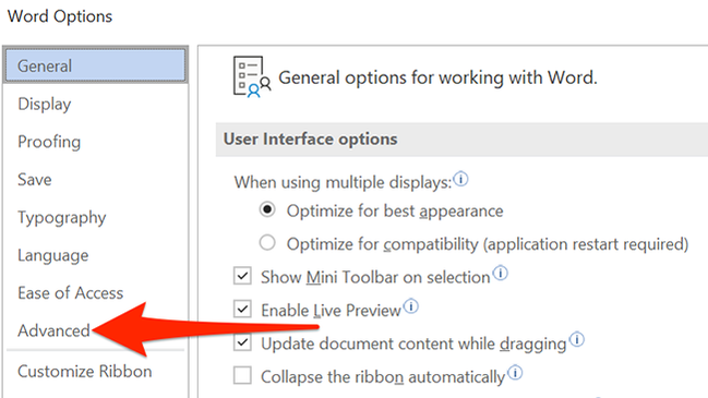 Select "Advanced" on Word's "Word Options" window.