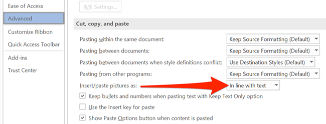 Select "Insert/paste pictures as" in Word's "Word Options" window.