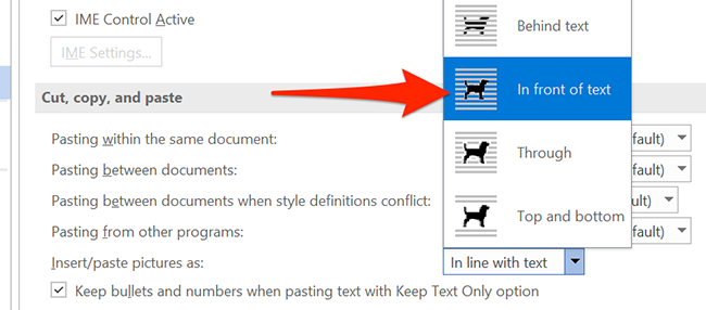 Choose "In front of text" from the "Insert/paste pictures as" drop-down menu.