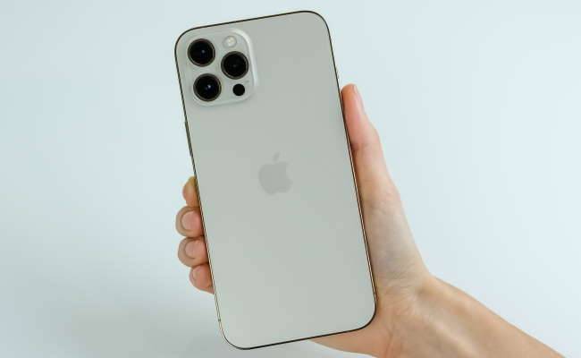 person holding iphone 12 pro max in hand on white background