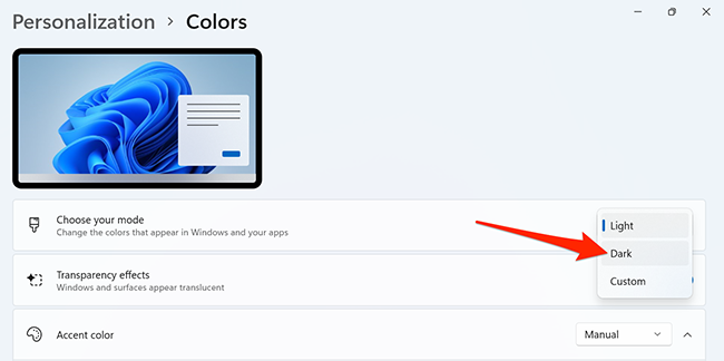 Selecione "Escuro" nas configurações no Windows 11.