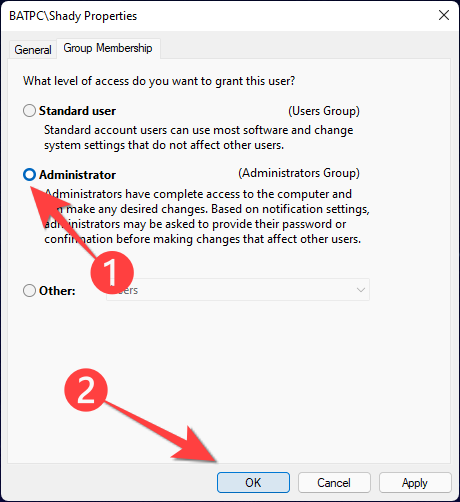 Select "Administrator" and choose the "OK" button.