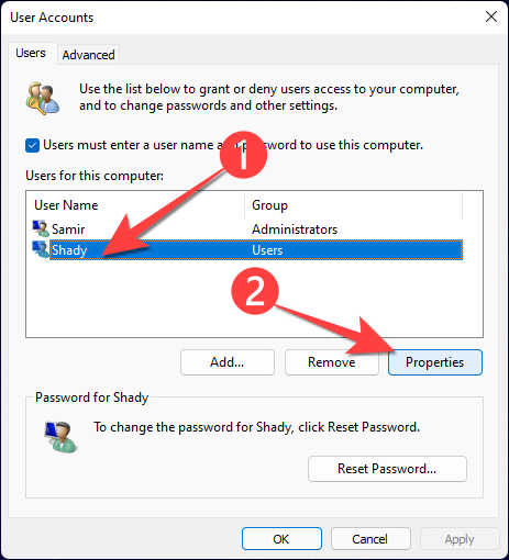 From the "User Accounts" window, select the account you want to upgrade from a user to administrator and select "Properties."