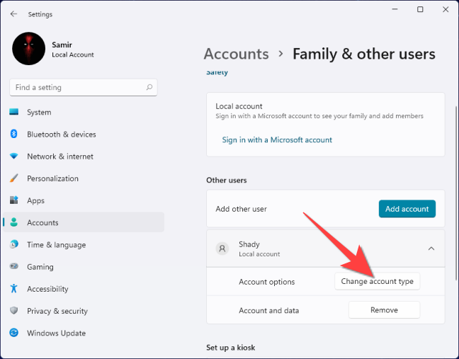 Select "Change account type."