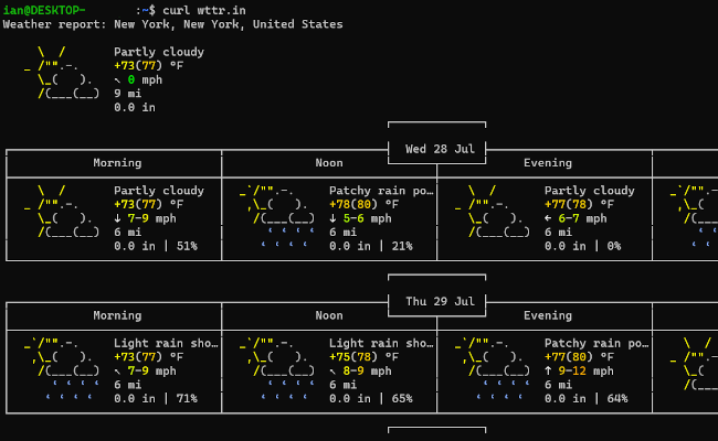 Uma janela de terminal com um boletim meteorológico com arte ASCII