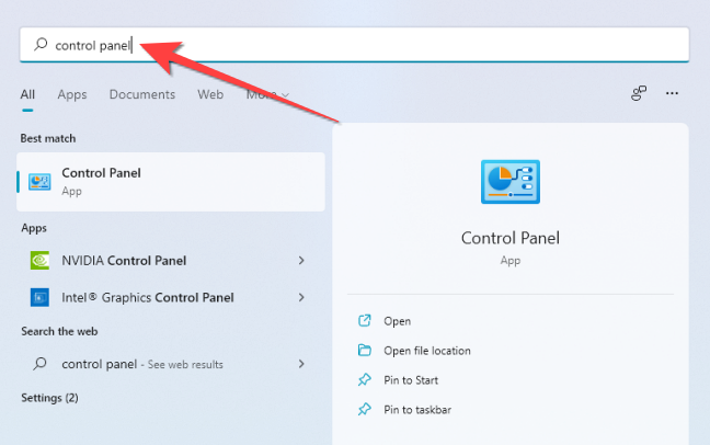Click Start, type "Control Panel" in the Windows Search, and press Enter to launch it.
