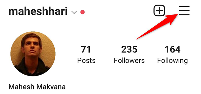 Tap the three horizontal lines on the profile page in the Instagram app.