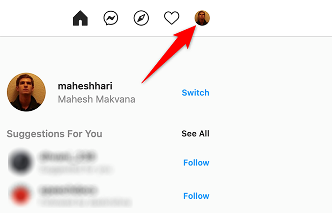 Click the profile icon on the Instagram site.