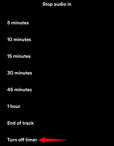 Select "Turn Off Timer" on the "Stop Audio In" page of the Spotify app.