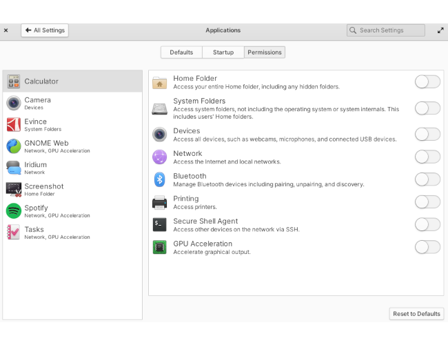 Elementary OS' settings app displaying the app permissions section.