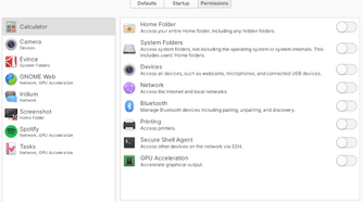 Elementary OS' settings app displaying the app permissions section.