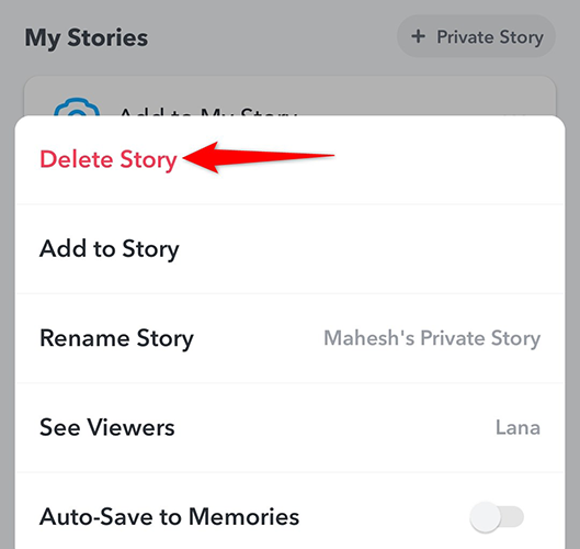 Select "Delete Story" from the three-dots menu for a Private Story in Snapchat.