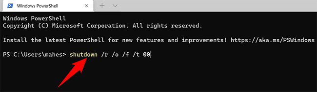 Boot in BIOS mode with a command in Windows Terminal.