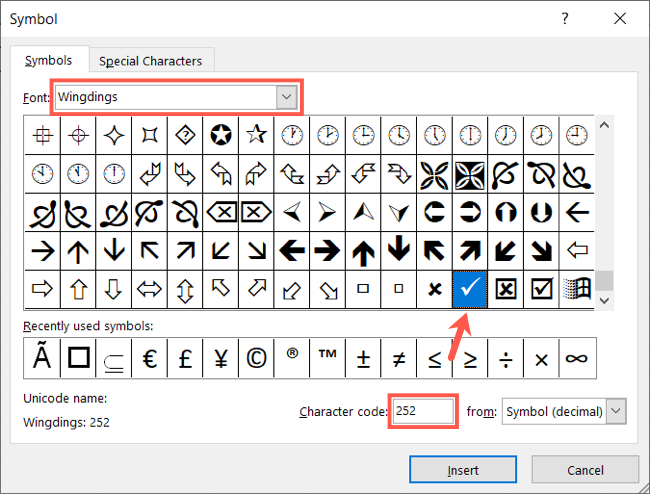 Wingdings check mark in Excel