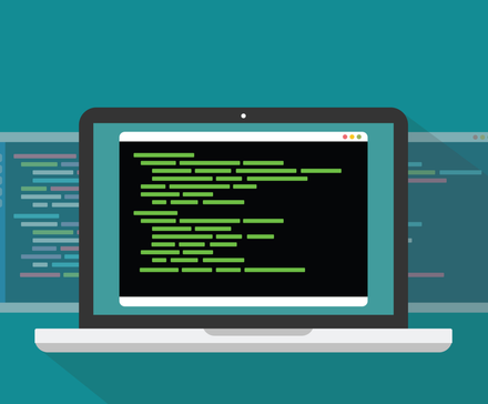 Laptop on a blue background showing a Linux command prompt.
