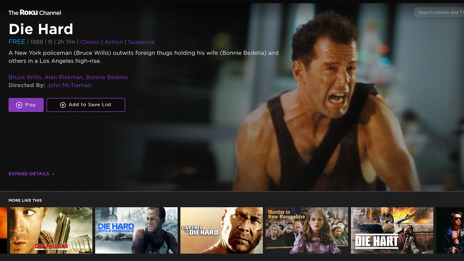'Die Hard' on the Roku Channel in the browser.