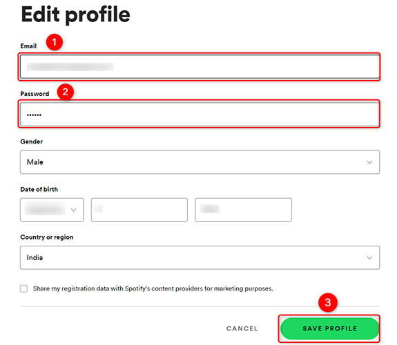 Enter the new email address, type password, and click "Save Profile."